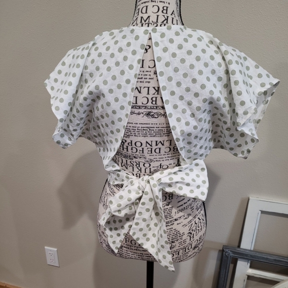 Zara Size Small Olive Green and Cream Polka Dot Linen Blend Crop Top - Picture 5 of 11